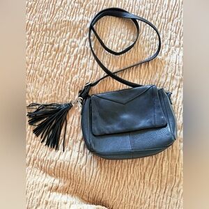 Pebbled Black Leather Crossbody Bag with Tassel